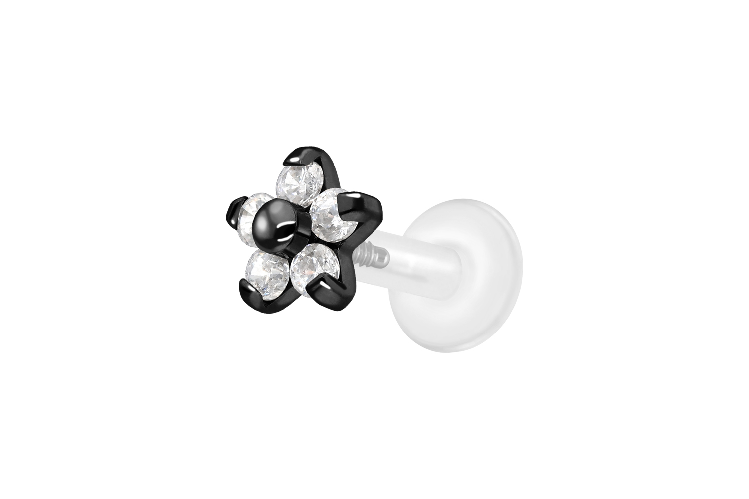 PTFE Labret Piercing mit Innengewinde + Titan-Aufsatz BLUME MIT 5 KRISTALLEN